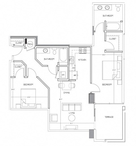 Floor plan for 2 beds, 2 baths, 1080 sqft